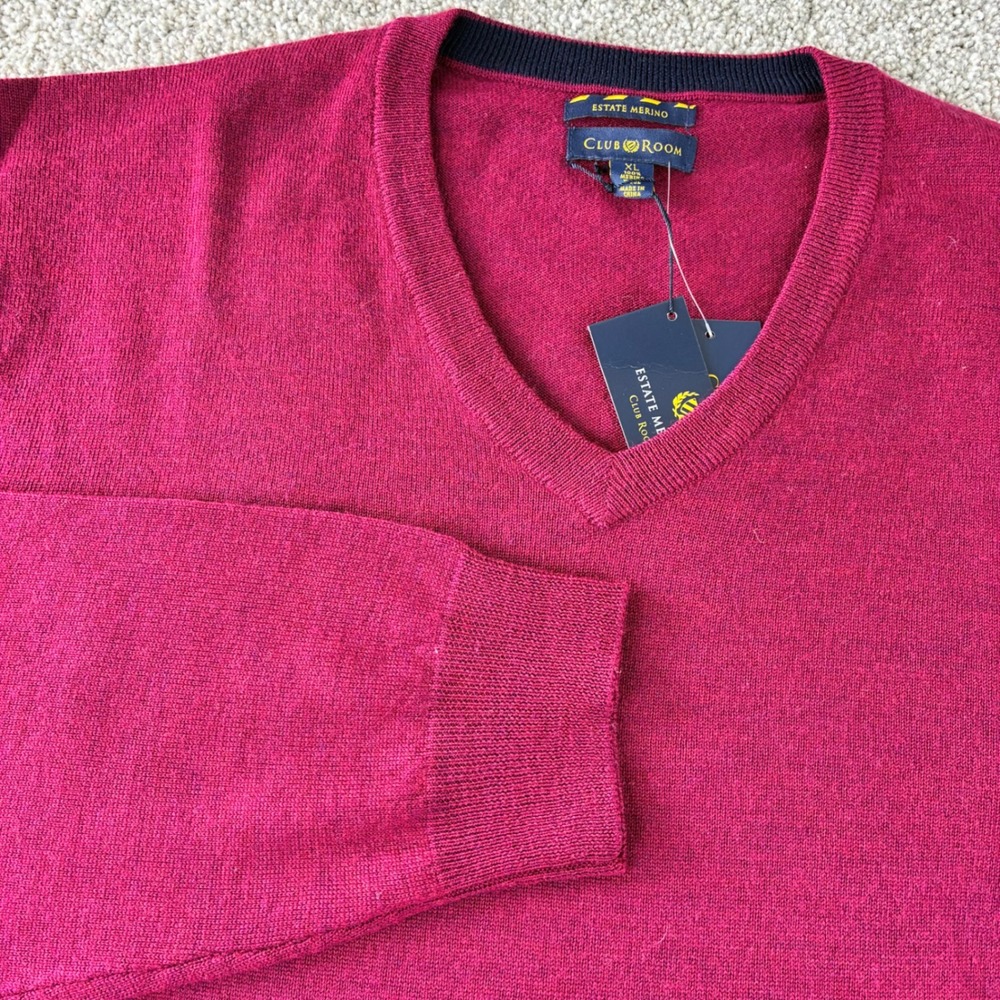 NWT Club Room Estate Merino Wool V Neck Sweater Mens XL Burgundy Pullover Knit